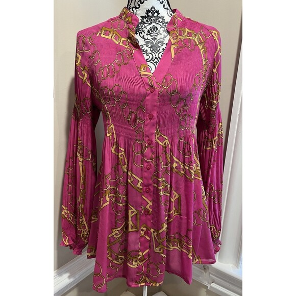 Y2K VTG 2000 Sheer Blouse Sunny leigh Womens L Fairy Core Equestrian Chain Pink - Picture 1 of 13
